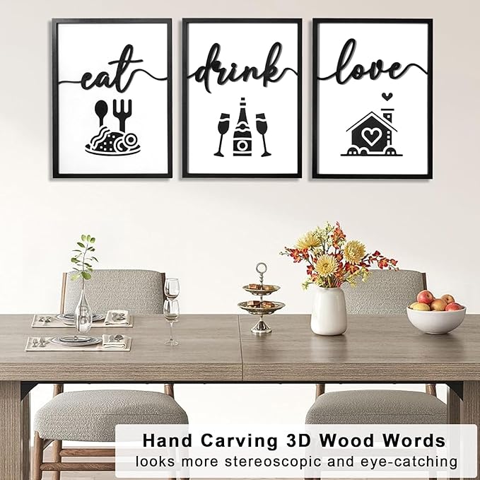 3D Wood Dining Room Wall Decor, Framed Kitchen Pictures Wall Art for Dining Room Wall Decor(Ready to Hang, 12x16 inches, Set of 3, Framed)