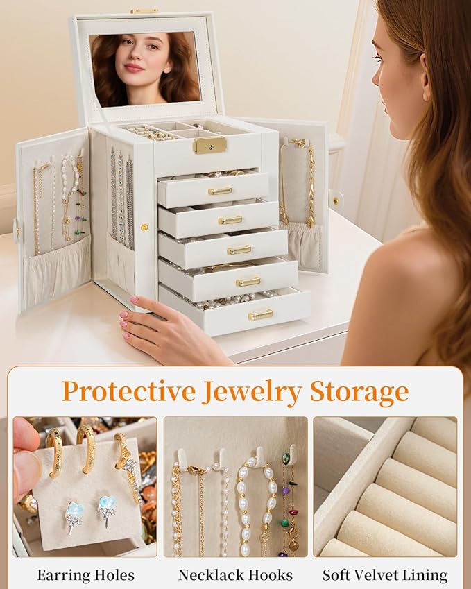 TORIBIO Large Jewelry Box for Women, Leather Jewelry Organizer with Mirror & Lock, 6-Tier Jewelry Storage Case for Girls/Women/Mothers, Necklace Earring Bracelets Holder Organizer