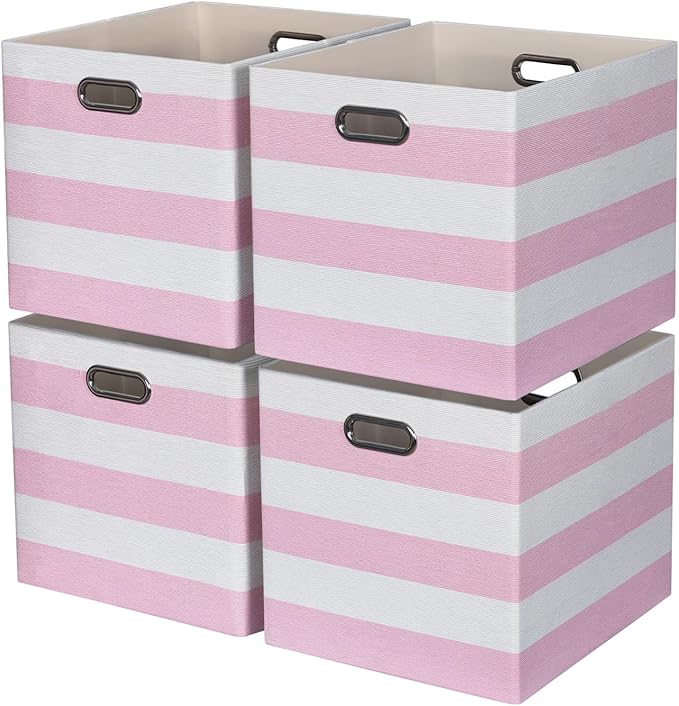 13x15x13 Storage Cube Bins, Foldable Storage Cubes, Fabric Organizer Basket Bin, Striped Containers Decorative Storage Boxes for Shelves Wardrobe Closet Home Office, 4 Pack, Pink/White
