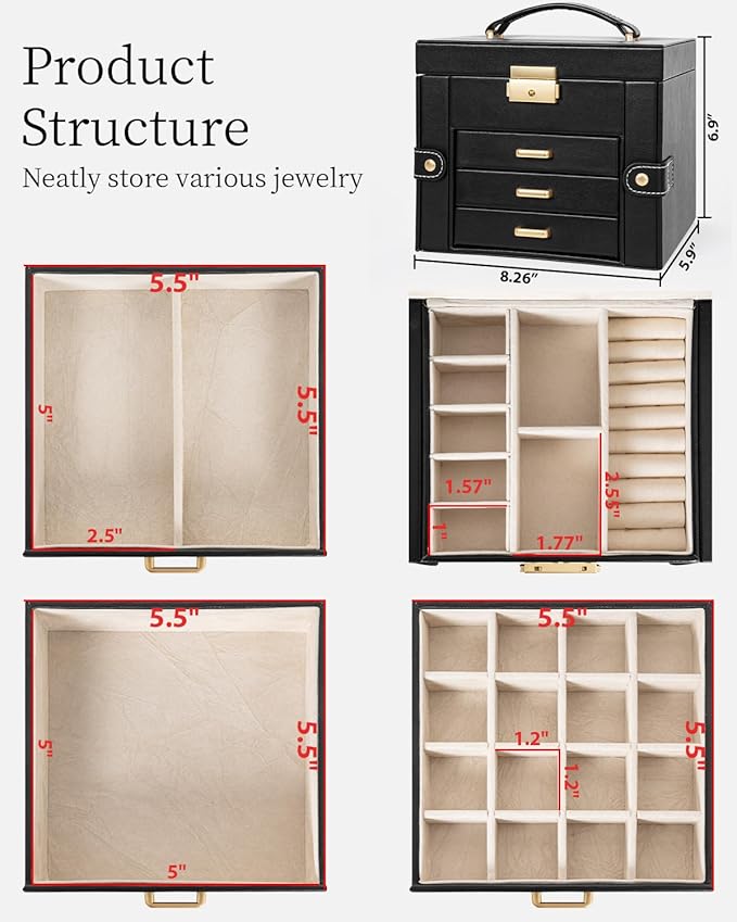 TORIBIO Jewelry Box for Women, Leather Jewelry Organizer with Mirror & Lock, 4-Tier Jewelry Storage Organizer with 3 Drawers for Girls/Women/Mothers, Necklace Earring Bracelets Holder Organizer