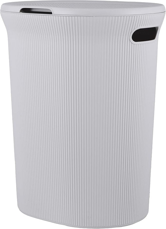Superio Ribbed Collection - Decorative Plastic Laundry Hamper with Lid and Cut-Out Handles, White Smoke (1 Pack) Basket Organzier for Bedroom Bathroom College Dorm Room 40 Liter