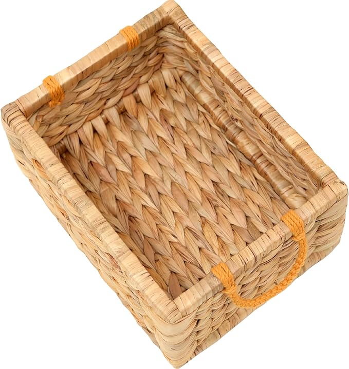 Water Hyacinth Storage Baskets For Organizing, Wicker Baskets For Storage With Macrame Handle, Small Woven Basket Small Wicker Blanket Basket For Organizing, Rectangular Woven Blanket 12x9x5 In