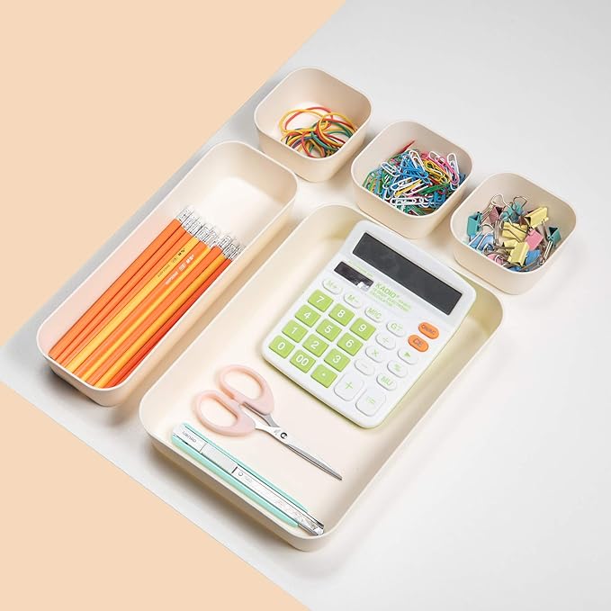 Backerysupply Set Of 12 Beige Color Plastic Desk Drawer Organizers For Makeup Bathroom Office Kitchen Vanity Drawer Storage Box Container