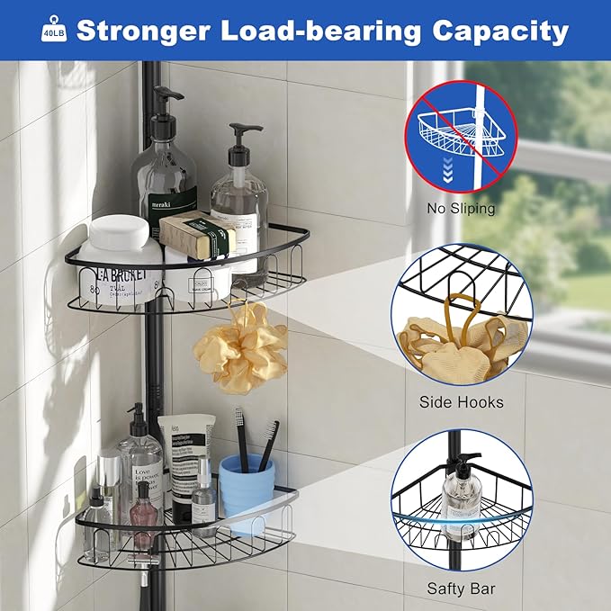 Corner Shower Caddy Tension Pole: Aluminum Shower Caddy Rod with Stainless Steel 4 Tier Adjustable Rustproof Shelves Organizer for Bathroom, 47-121 inch, No Drilling Quick Installation Heavy Duty