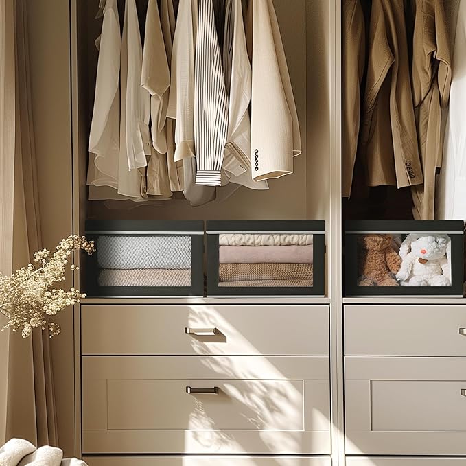 Large Storage Baskets with Lids - Stackable Cube Bins for Closet, 6 Pack Black Windows Organizer Bins, Home Organizers and Storage for Clothes, CD, Towels