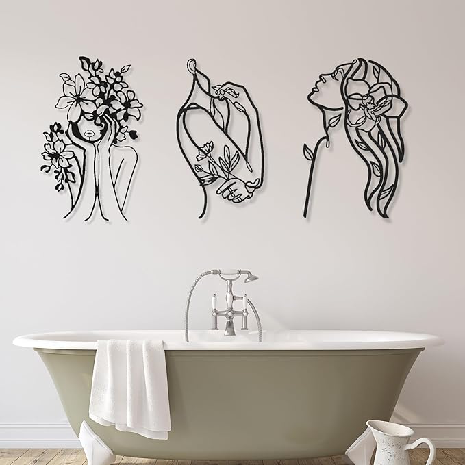 Photect 3 Pcs Metal Wall Art Decor Minimalist Abstract Woman Wall Art Metal Modern Line Drawing Decor Female Single Line Home Hanging for Bedroom Bathroom Living Room Christmas Housewarming(Stylish)
