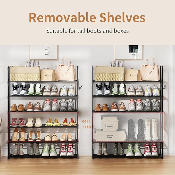 Metal Shoe Organizer,6 Tiers Shoe Storage Shoe Rack with Hooks,Fit 24-30 Pairs,Adjustable Shoe Shelf for Entryway,Hallway,Bedroom,Metal Bottom Support