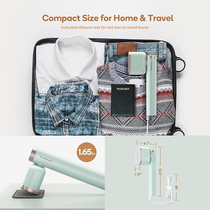 Newbealer Steamer for Clothes, 1200W Portable Steam Iron, 2 Steam Levels, Horizontal and Vertical Steaming, Dry Ironing, 15s Heat Up, Rotatable, 302°F Garment Wrinkle Remover, Green (120V Only)