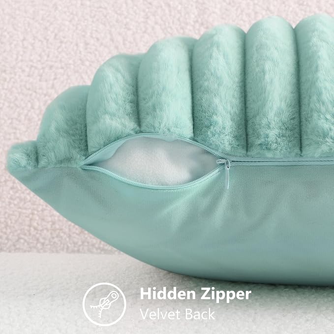 decorUhome Faux Fur Spring Throw Pillow Covers 18x18 Set of 2, Decorative Soft Plush Striped Neutral Couch Pillow Covers with Velvet Back for Sofa, Bed, Living Room Home, Aqua