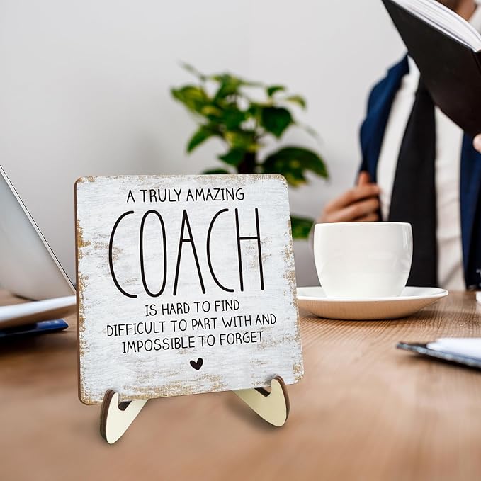Decorative Desk Decor Motivational Coach Gift Positive Thank You Gifts Appreciation Plaque with Wooden Stand Inspirational Wood Sign for Coach Teacher Coworker Home Office Table Shelf