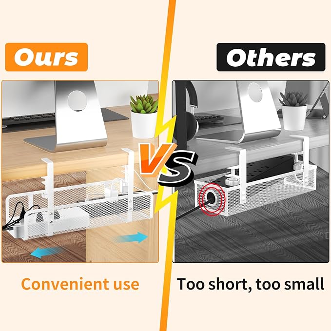 Under Desk Cable Management Tray, Wire Management Desk Cable Organizer Cable Management Box, Cord Organizer Under Desk Storage Cable Raceways for Office, Home - No Damage to Desk No Drill