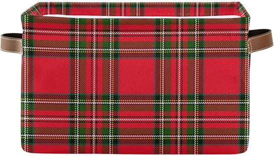 Red Green Tartan Plaid Christmas Large Storage Basket Cube Storage Bin Canvas Fabric Organizer Handles Collapsible Decorative for Clothes Toys Bedroom