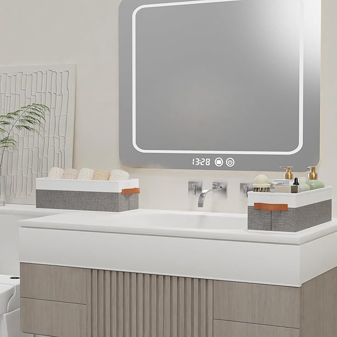 Collapsible Storage Bins 5-Pack, Foldable Baskets for Organizing, Clothes Boxes with Handles, Fabric Cubes Containers, White and Gray, 15 x 6 x 5 Inch