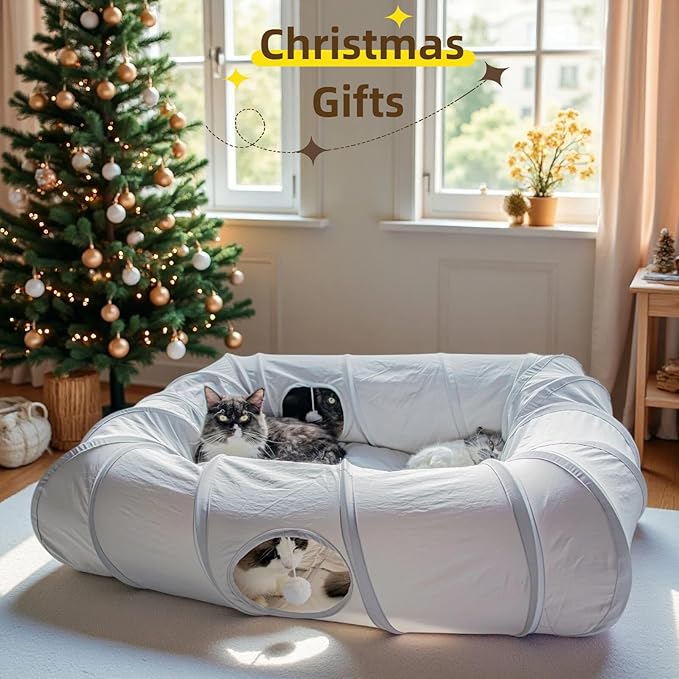 XxingSheep 4 Ways Shuttled XL Cat Tunnel Bed for Indoor Cats Peekaboo Cat Cave Donut with Cool Mat