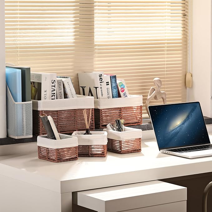 Vagusicc Wicker Storage Basket, Hand-Woven Paper Rope Woven Baskets, Rectangular Small Wicker Baskets for Organizing, Cube Storage Bins for Closet/Clothes/Dresser, Brown, 5-Pack