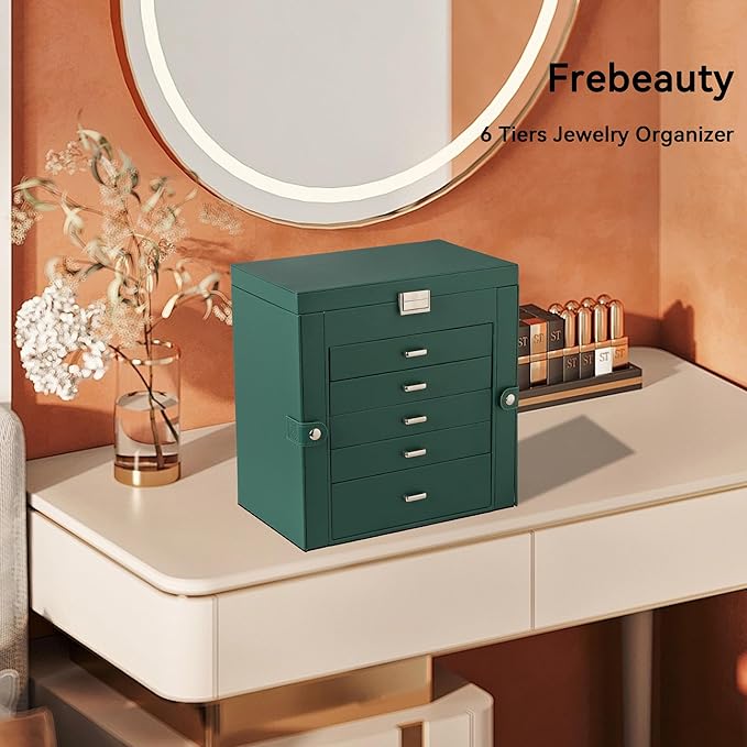 Frebeauty Large Jewelry Box,6-Tier PU Leather Jewelry Organizer,Multi-functional Storage Case with Mirror,Accessories Holder with 5 Drawers for Necklace Bracelets Watches(Blackish Green)