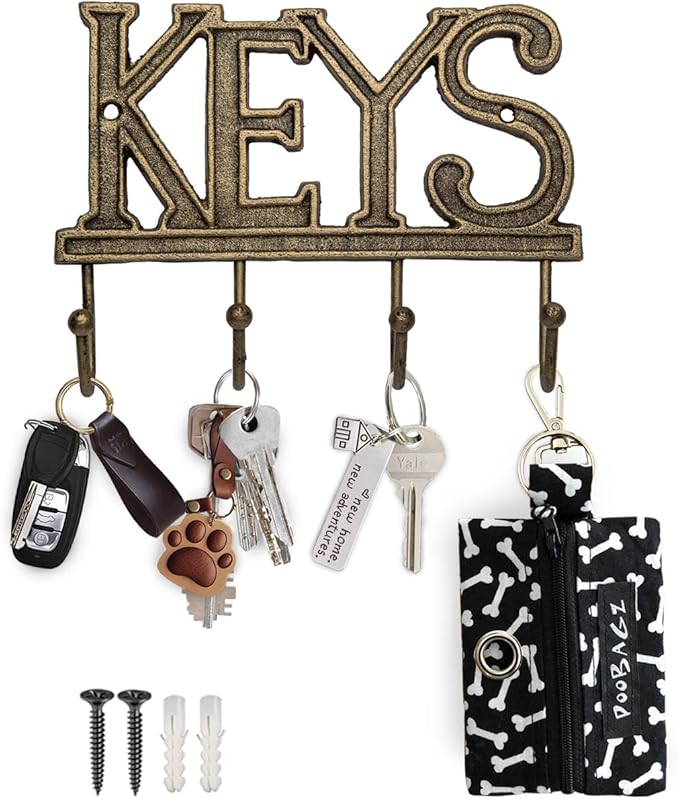 Comfify Key Holder for Wall - Decorative Farmhouse Rustic Wall Mount Key Organizer with 4 Hooks - Vintage Cast Iron Key Rack with Screws and Anchors – 6x8 - Gold with Black