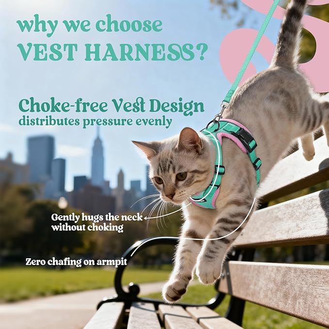 rabbitgoo Cat Harness and Leash for Walking, Escape Proof Soft Adjustable Vest Harnesses for Cats, Easy Control Breathable Reflective Strips Jacket, Green&Pink, XXS