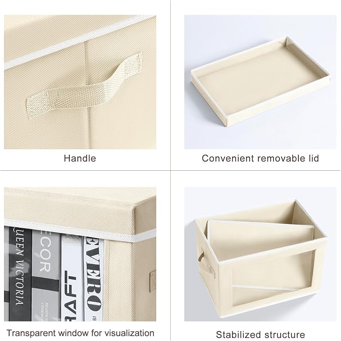 Storage Bins with Lids - Fabric Closet Storage Bins with Window, Collapsible Baskets for Shelves 4 Pack, Home Decorative Boxes for Clothes, Closet, Office, Beige