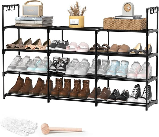 3-Row 4-Tier Shoe Rack, Black Metal Stackable Shoe Shelf with Multifunctional Hooks, Hold 24-30 Pairs, Space Saving Shoes Organizer for Closet,Show Rack