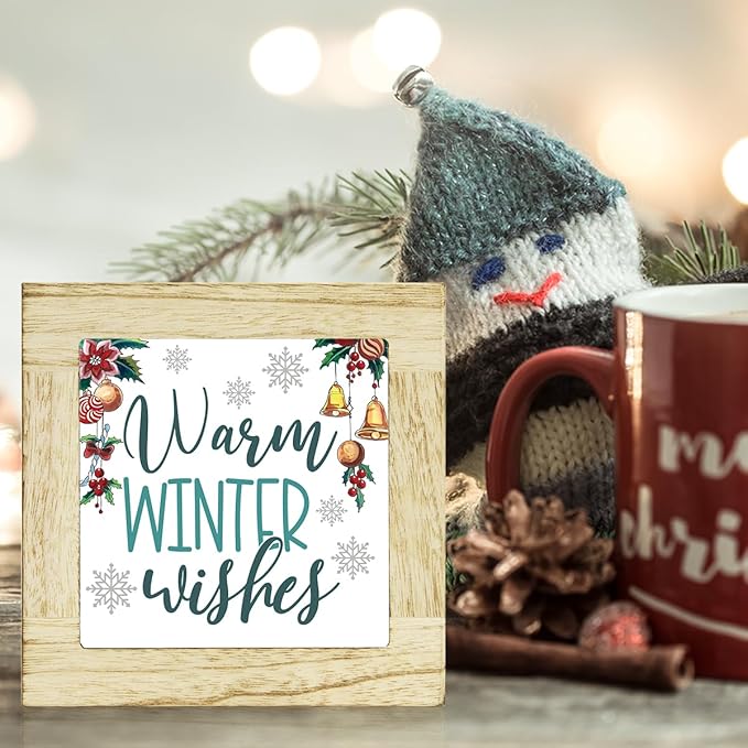 Winter Decorations for Home Office Winter Wishes Tabletop Decor Snowflake Christmas Holiday Decor for Table 6 x 6 inches