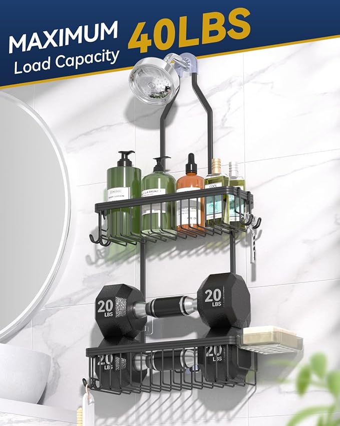 YASONIC Shower Caddy Hanging, Never Rust Shower Organizer Hanging, Aluminum Shower Racks for Inside Shower with Hooks for Razor, Bathroom Organizers and Storage with Soap Holder, Black