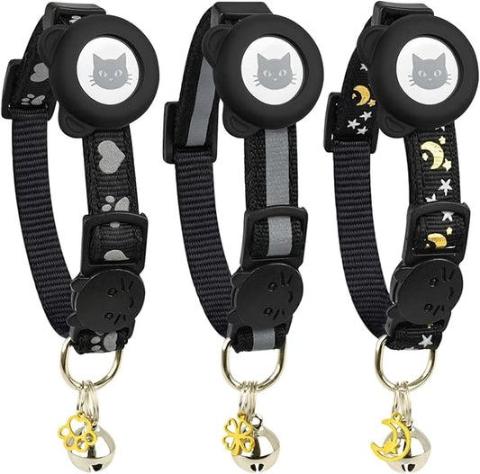 Cat Collar with AirTag Holders, 3-Pack, Reflective Breakaway Safety Collars, Bells and Matching Charms, Adjustable, Paw Hearts, Moon Stars Design, Lucky Charm, Black