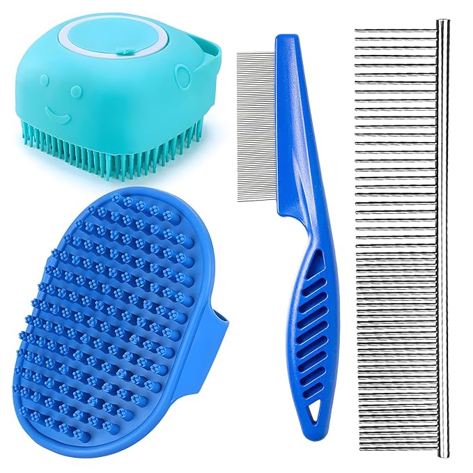 Dog Slicker Brush for Dogs Grooming Kit 4 PCS,Bath Grooming Kit for Pets,Hair Brush Set with Towel, Washing Gloves, and Shampoo Scrubber Brush for Dogs and Cats