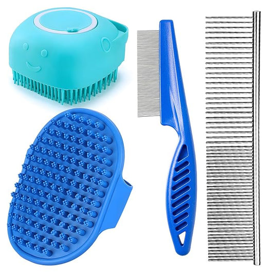 Dog Slicker Brush for Dogs Grooming Kit 4 PCS,Bath Grooming Kit for Pets,Hair Brush Set with Towel, Washing Gloves, and Shampoo Scrubber Brush for Dogs and Cats