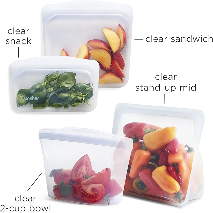 Stasher Premium Silicone Reusable Food Storage Bags 4-Pack Boxed Starter Kit, Clear, Microwave, Sous Vide, Dishwasher, Oven & Freezer Safe, Multi-Use Containers, BPA Free, Leak-free, Eco-friendly