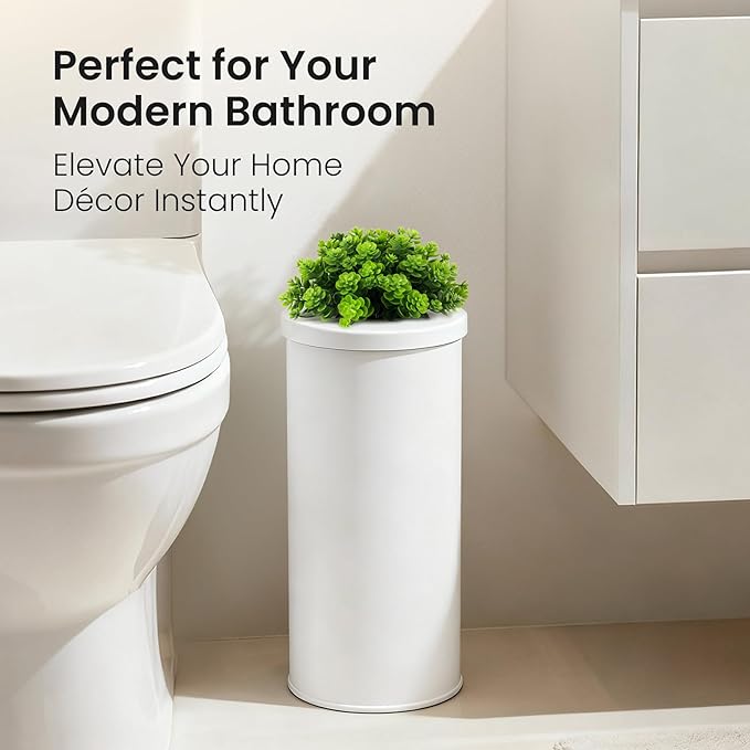 Cesun Toilet Paper Storage Bin, Enclosed Toliet Paper Holder with 3-Roll Capacity, White Stainless Steel Canister with Decorative Green Plant Lid