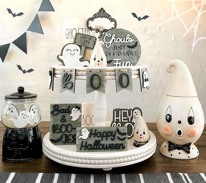 2 Tiered Tray Wooden Serving Stand by Felt Creative Home Goods. Small Shabby Chic Beaded Tray for Home Decor Display Farmhouse Country Decoration Kitchen or Dining. Includes 3 Custom Handles (White)