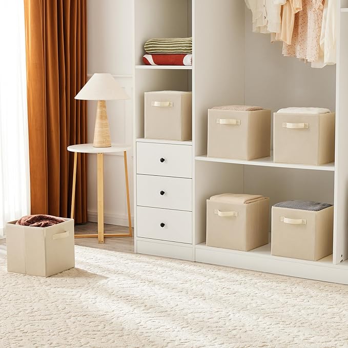 MAX Houser Fabric Cloth Storage Bins,Foldable Storage Cubes Organizer Baskets with Dual Handles for Home Bedroom Storage,Set of 6(Beige)
