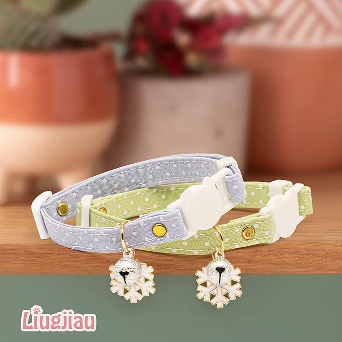 2 Pack Cotton Breakaway Cat Collar with Bell Green&Blue White Snowflake Pendant Cute Kitten Cat Collar Suitable for Girls and Boys
