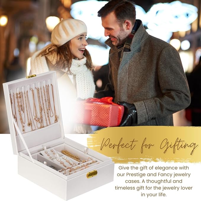 Prestige & Fancy 2 Layer Woman Jewelry Box, Jewelry Organizer For Woman, Men & Girls Large Case 8.5x7.5x3.3in | PU Leather Black Jewelry Gift Storage Boxes For Ring, Necklace & Bracelet With Lock