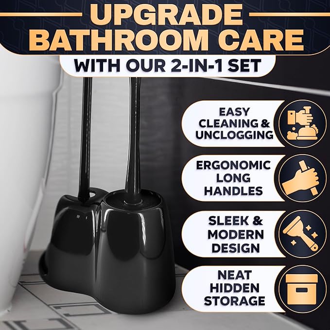 2-in-1 Black Toilet Brush and Plunger Set with Holder – Compact Bathroom Cleaning Combo, Strong Rubber Plunger & Stiff Bristle Brush, Space-Saving Stand, Fits Most Standard Toilets, 9.3×6.3×15.2 inch