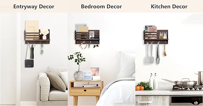 Dahey Wall Mounted Mail Holder Wooden Key Holder Rack Mail Sorter Organizer with 4 Double Key Hooks and A Floating Shelf Rustic Home Decor for Entryway or Mudroom,15.7" W x9.3 Hx3.2 D, Brown