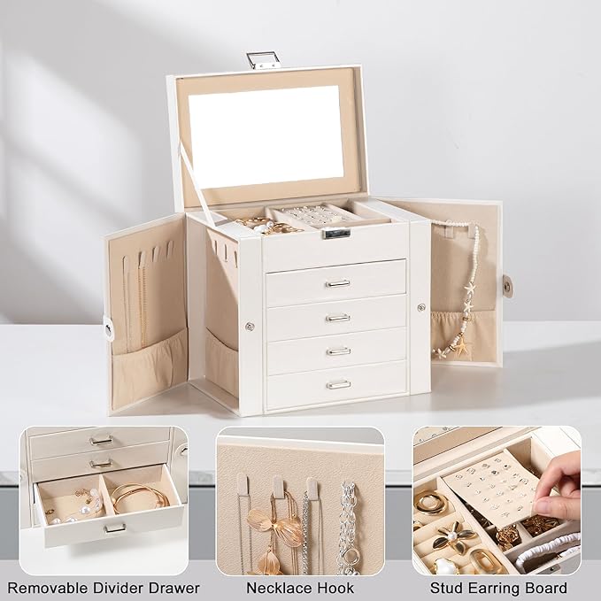 Frebeauty 5-layer Jewelry Box,Faux Leather Jewelry Organizer with 4 Drawers,Jewelry Organizers and Storage with Mirror,Jewelry Holder Organizer for Necklace,Jewerly Boxes for Women Girls(Grey)