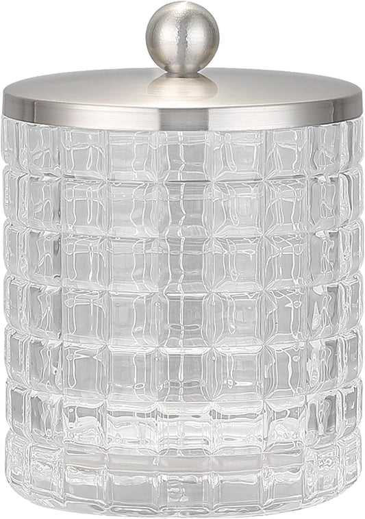 Clear transparent Apothecary Etched Geometric Grid Glass Jar W/Satin Nickel Metal Lid Cover for Bathroom Organization, Cotton Balls, Q Tips, and Small Accessories, Bathroom Storage