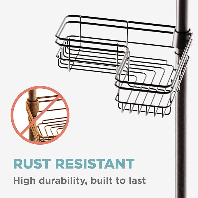 Zenna Home Tension Pole Shower Caddy Corner Organizer, Adjustable Standing Shower Caddy with 4 L-shaped Baskets and Hooks, Rust Resistant Bathroom Tension Rod Organizer, 60 to 97 Inch, Bronze