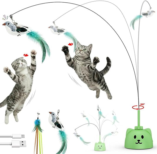 Interactive Cat Toys for Indoor Cats: Upgraded 360° Automatic Spin Flying Bird Feather Wand with Silicone Protected Rod Safe Play, Strong 8cm Suction Cup, USB-Rechargeable for Bored Kittens and Adult