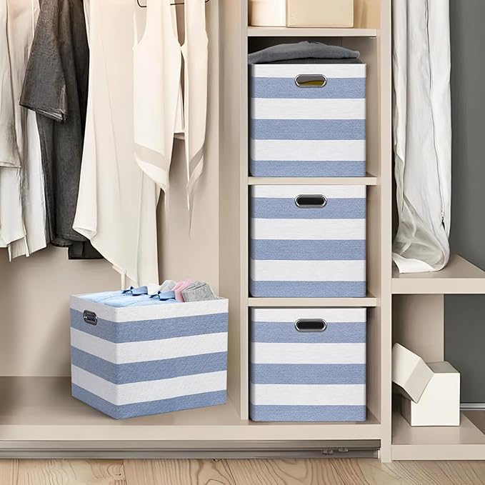 13x15x13 Storage Cube Bins, Foldable Storage Cubes, Fabric Organizer Basket Bin, Striped Containers Decorative Storage Boxes for Shelves Wardrobe Closet Home Office, 4 Pack, Blue/White