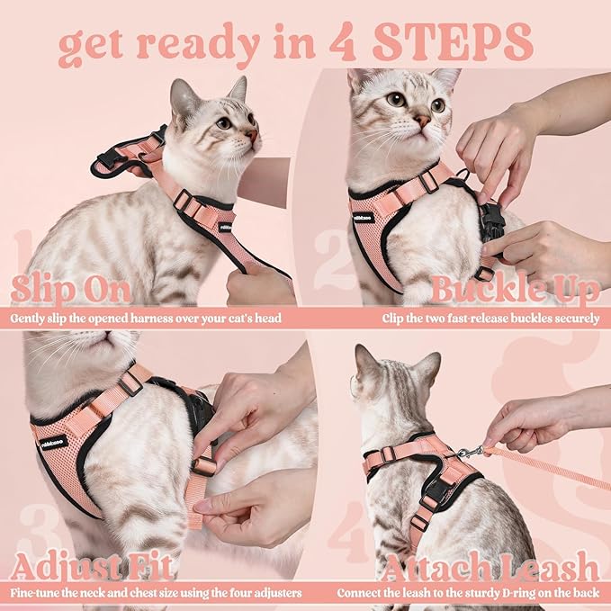 rabbitgoo Cat Harness and Leash for Walking, Escape Proof Soft Adjustable Vest Harnesses for Cats, Easy Control Breathable Reflective Strips Jacket, Light Salmon Pink, XXS