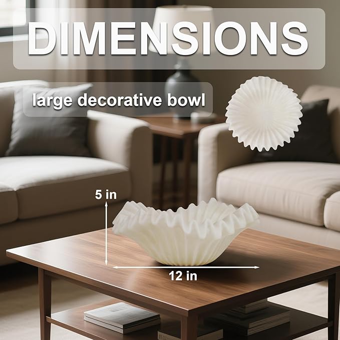 Braxio White Decorative Bowl – Resin Ruffle Bowl for Entryway, Dining Table Centerpiece, Fruit or Key Holder for Modern Home Decor, 12 Inch Art Deco Style