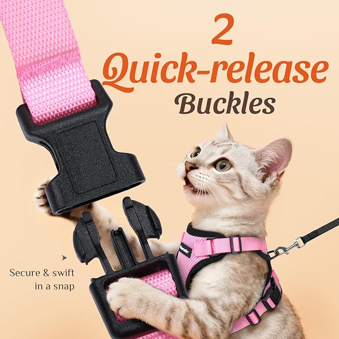 Dooradar Cat Harness and Leash Set, Escape Proof Safe Adjustable Kitten Vest Harnesses for Walking, Easy Control Soft Breathable Mesh Jacket with Reflective Strips for Cats, Pink, M