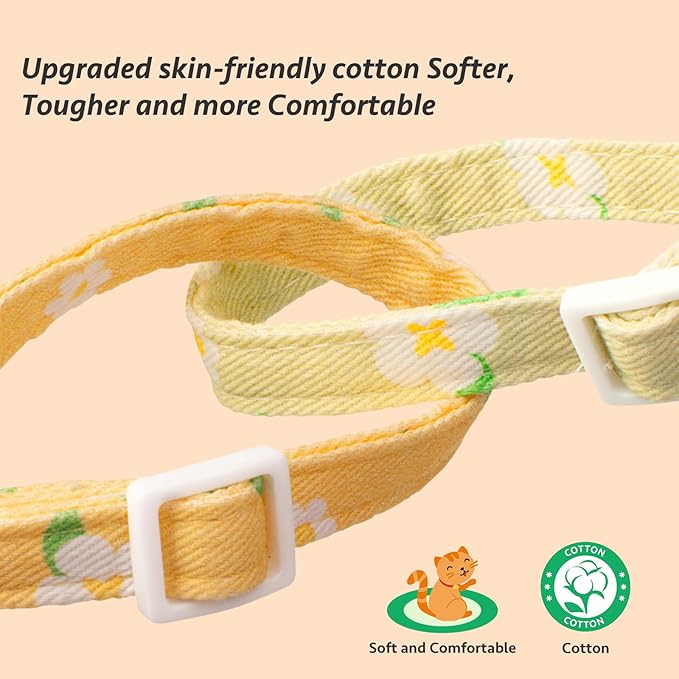 2 Pack Cotton Breakaway Cat Collar Green and Yellow Flowers Pendant Cute Kitten Cat Collar with Bell