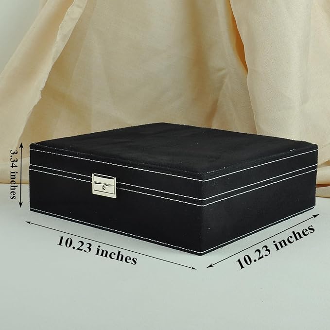 Jewelry Boxes 10 x 10 Inches 2-layer Handle Necklace Holder Organizer Jewellery Women Rings Storage Display Girls Earrings Case Lockable Jewelry Tray GY641 (Black)