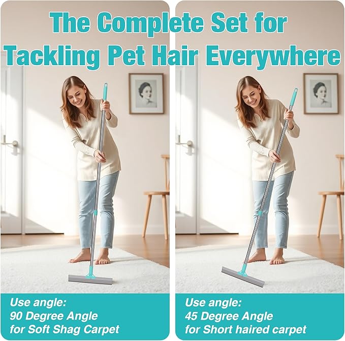 Double-Sided Pet Hair Removal Tool,Adjustable Height Carpet Pet Hair Removal Silicone Broom,Dog Cat Hair Remover Broom for Carpets, Floor Mats,Couch,Floor Squeegee (Blue Carpet Rake)