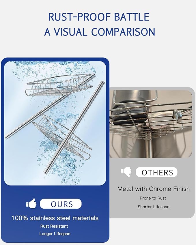 SEIRIONE Rustproof Shower Caddy Corner and Shower Organizer Corner for Bathroom,Corner Shower Caddy Tension Pole with 4 Adjustable Baskets for Shower Accessories, 34 to 116 Inch Height, Silver