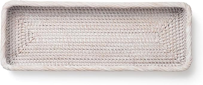 Rattan Bathroom Vanity Tray, Toilet Tank Basket Tray for Paper Hand Towel, Bathroom Counter Tray for Organizing and Decor (Whitewash, 16.3" x 6.1" x 2")